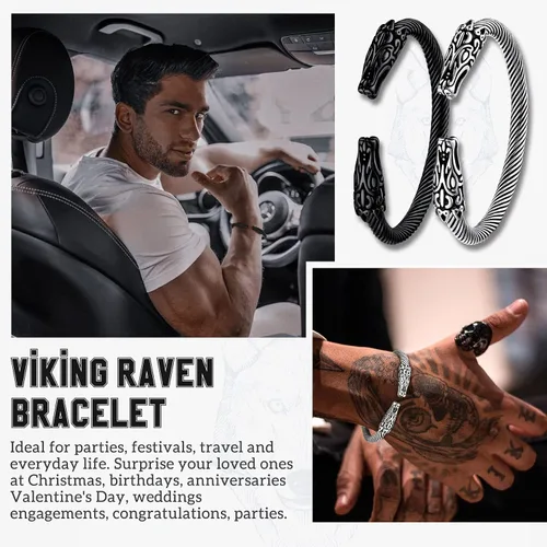 Miniatura 5 de Bestyle Brazalete vikingo de acero inoxidable pesado para hombres y niños, pulsera ajustable abierta de cuervoloboruna, vintage, retro, joyería