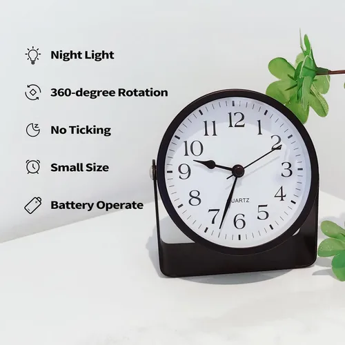 Miniatura 4 de Reloj despertador analógico, silencioso sin tictac, funciona con pilas con luz suave nocturna bajo demanda, reloj de escritorio de metal giratorio