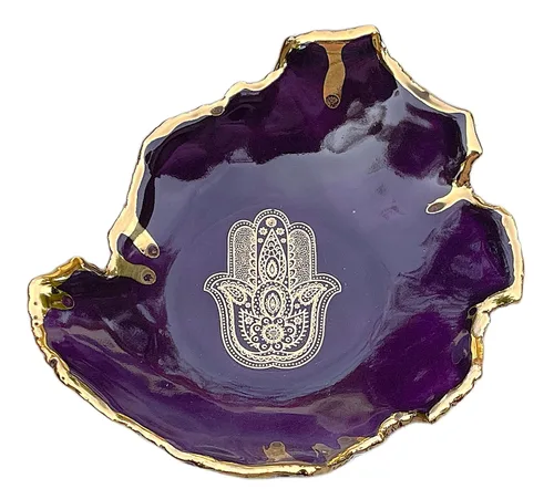 Purple and Gold Hamsa Hand Ring Dish, Handmade Jewelry Holder, Gift for Mom, Daughter, Sister, Bride, Grandmother, Girlfriend, Wife -Stock Photo,