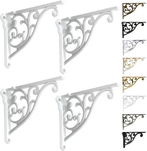 Miniatura 67 de Soportes de estante de 4 pulgadas, paquete de 4 soportes de pared de latón antiguo de alta resistencia, estantes decorativos de cocina victoriana