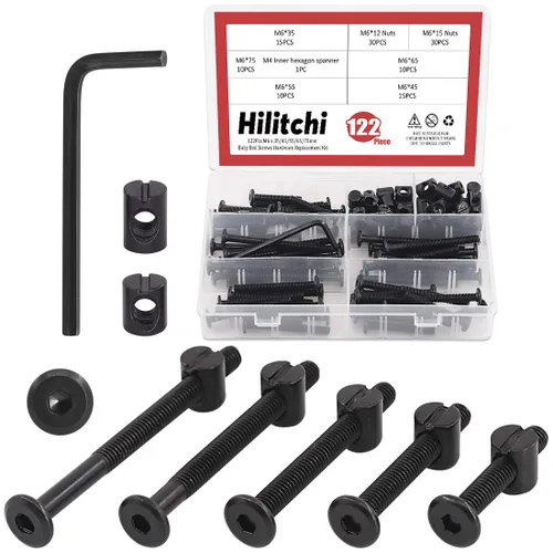 Miniatura 7 de Hilitchi M6 120 piezas de tornillos de cabeza hexagonal negra, tuercas de barril, kit surtido de accesorios para cuna, cama de bebé, muebles, cunas
