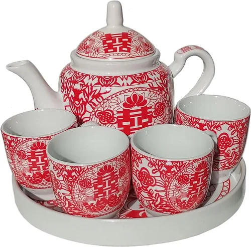Miniatura 11 de Juego de regalo de té de porcelana china, tetera de servicio con 4 tazas y bandeja, elegante juego de ceremonia de té para adultos, decoración