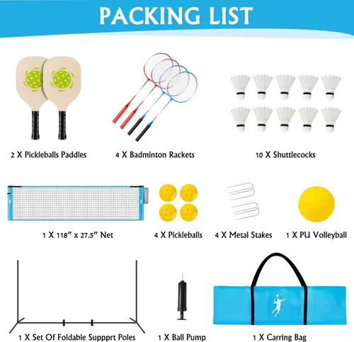 Miniatura 7 de Juego de red de bádminton de pickleball para patios traseros, juego combinado de voleibol portátil todo en uno con red ajustable, palas de voleibol