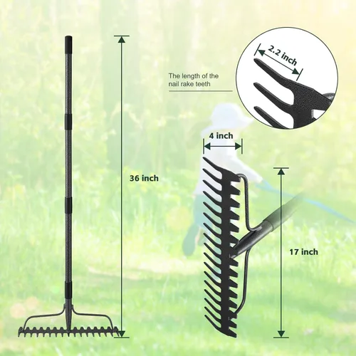 Miniatura 4 de Rastrillo de jardín resistente de 49 pulgadas con mango de acero inoxidable, rastrillo de cabeza de metal para aflojar el suelo, recoger la tierra