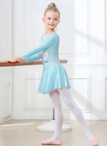 Miniatura 29 de EQSJIU Leotardo de baile de manga larga para niñas, vestido de ballet brillante con copo de nieve, tutú con falda tutú para niñas