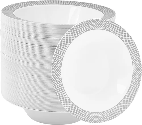 Miniatura 7 de JOLLY CHEF Paquete de 50 cuencos de plástico con borde plateado, cuencos de sopa desechables de 12 onzas, cuencos de plástico resistentes