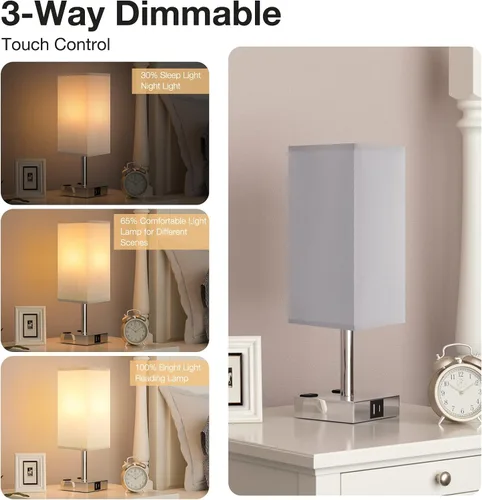 Miniatura 2 de Lámpara de mesa de noche táctil, con pantalla, puertos de carga USB C+A y salidas de CA duales, para dormitorio, sala de estar, oficina