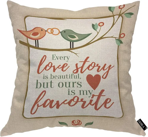 EKOBLA Lover Bird - Funda de almohada con texto en inglés "Every Love Story is Beautiful But Ours is My Favorite Valentine", funda de cojín cuadrada