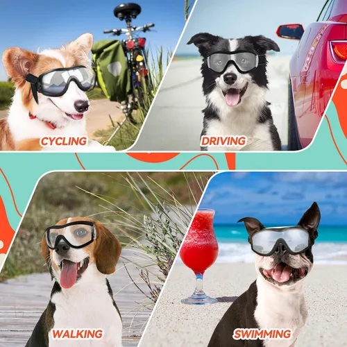 Miniatura 7 de Gafas de sol para perros de razas grandes, juego de 2 piezas de protección UV negra y transparente, resistente al viento para perros medianos a
