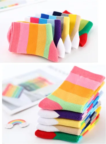 Miniatura 3 de Litomatic Calcetines de algodón sin costuras para niñas, calcetines casuales para niños, calcetines escolares con rayas de arcoíris, paquete de 5