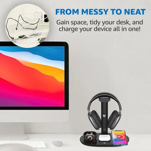 Miniatura 4 de Cargador inalámbrico 4 en 1 con soporte para auriculares, soporte para cascos y base de estación para Apple Watch, AirPods Max/Pro/Pro 2/AirPods