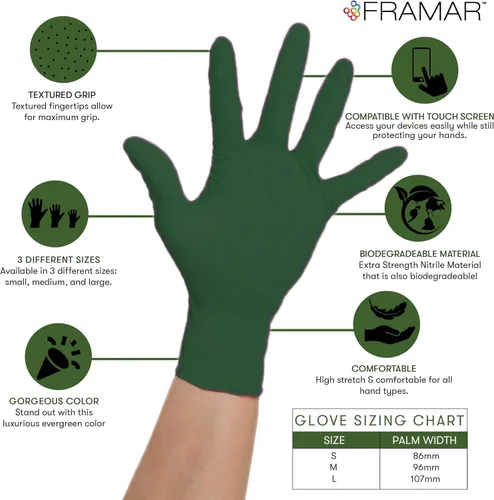 Miniatura 2 de FRAMAR Guantes verdes desechables sin látex, guantes de nitrilo sin polvo, pequeños, guantes de goma desechables, guantes de nitrilo biodegradables