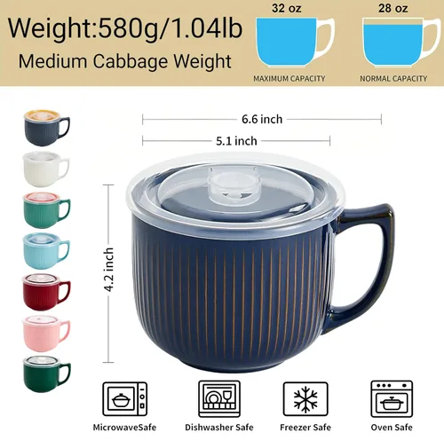 Miniatura 2 de Tazón de sopa de cerámica con asa de 32 onzas – Tazón de ramen para microondas con tapa, tazas y tazas de sopa para cereales, avena, ramen, fideos