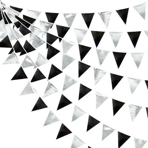 Miniatura 49 de Decoración de fiesta iridiscente de 33 pies, tela holográfica, banderín triangular, banderín de algodón, guirnalda de banderines para cumpleaños