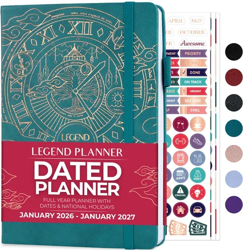 Legend Planner Enero 2026 - Enero 2027 Agenda semanal y mensual fechada para alcanzar tus objetivos, aumentar la productividad y vivir más feliz.