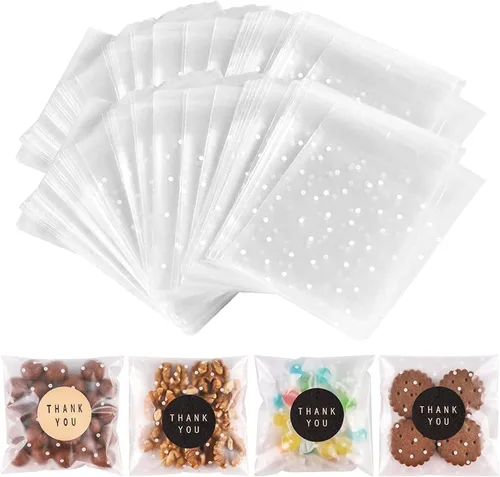 NPLUX Paquete de 200 bolsas de celofán autoadhesivas, bolsas transparentes para galletas para regalar con calcomanías, recuerdos de fiesta del día