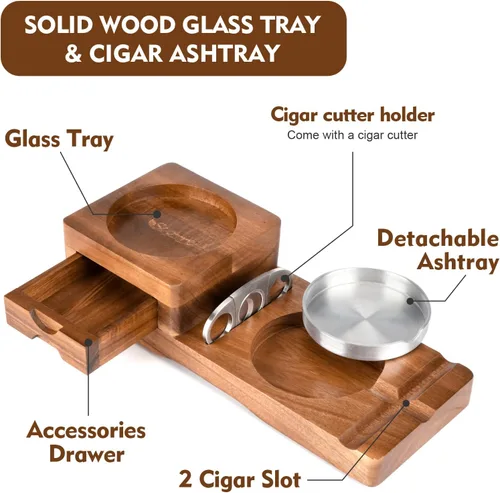 Miniatura 2 de Scotte Posavasos Cenicero Bandeja de Vaso de Whiskey y Cenicero de Madera con Cortador de Puros, Incluye Cajón y Ranura para Puros Hogar Oficina