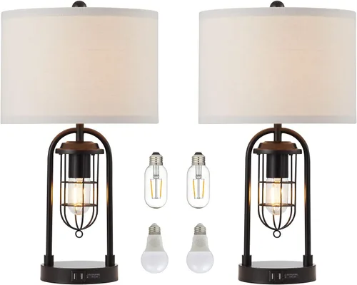 Miniatura 8 de Juego de 2 lámparas de mesa de granja con puertos USB y luz nocturna, lámpara moderna para mesita de noche para sala de estar y dormitorio