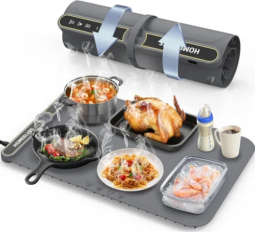 Tapete de calentamiento de alimentos, bandeja de calentamiento eléctrico de calentamiento rápido con 9 ajustes de temperatura y temporizador de 6