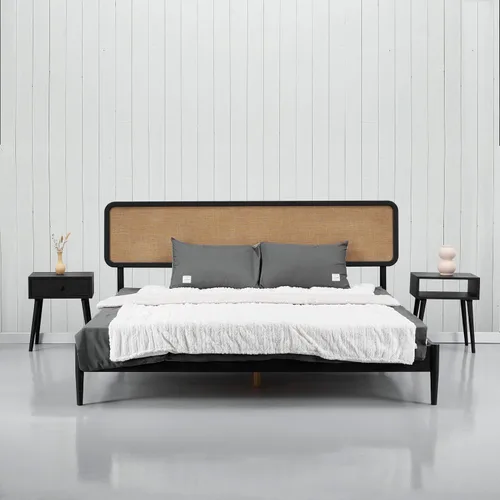 NTC Lupin - Base de cama de madera con cabecero, base de madera de roble macizo y goma con listones silenciosos y soportes centrales de madera,