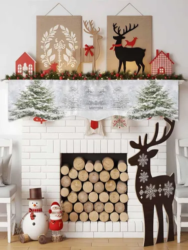 Miniatura 3 de Bufanda de manto de 70 x 17 pulgadas, árbol de Navidad, árboles de invierno, bosque, copos de nieve, chimenea, mantel, cubierta de mantel
