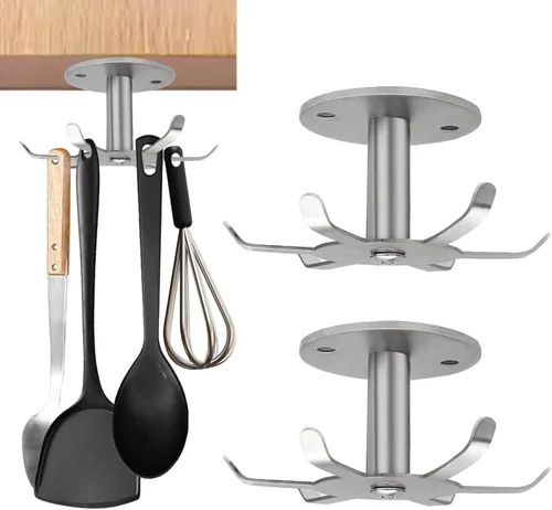 Miniatura 8 de Zorfeter Ganchos para utensilios de cocina para debajo del gabinete, estantes de utensilios de acero inoxidable con rotación de 360°, sin