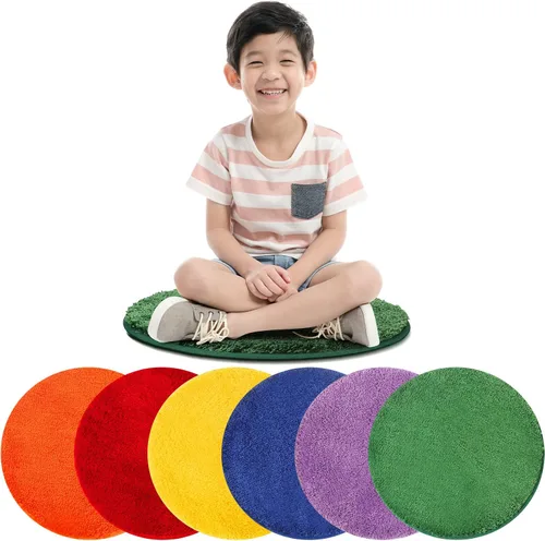 Funtery Alfombra colorida de 6 asientos circulares de 18 pulgadas, alfombra redonda para niños, alfombra suave para aula, cojines educativos para