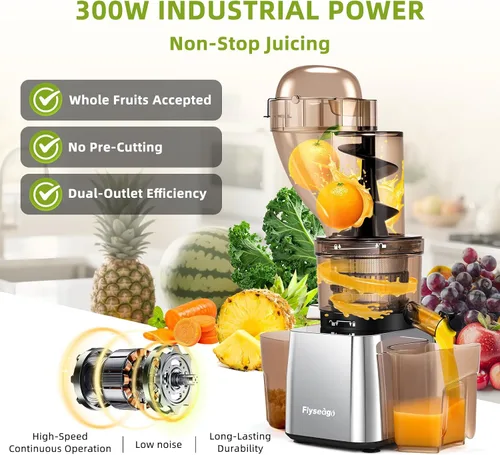 Miniatura 4 de Exprimidores comerciales de prensa en frío de 300 W, doble salida para jugo y pulpa, alto rendimiento, exprimidores de masticación, acero inoxidable