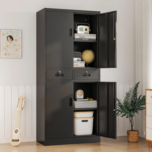 Miniatura 7 de Wanfu Gabinete de almacenamiento de metal, gabinete de almacenamiento con bloqueo de 71 pulgadas con estantes ajustables y 2 cajones, gabinetes