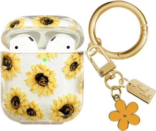 Miniatura 8 de Funda compatible con AirPods, funda de TPU suave con bonito patrón de flores para AirPods de 2 y 1 generación con llavero colgante y mosquetón