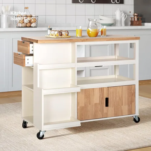 Miniatura 9 de Sophia & William Carrito de isla de cocina con ruedas con bandeja extensible, estante ajustable y puerta de cristal, isla de almacenamiento móvil