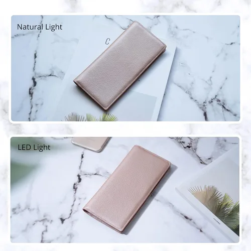 Miniatura 4 de Bveyzi Billeteras de cuero ultrafino con bloqueo RFID para tarjetas de crédito, billetera plegable para mujer, Oro Rosa, Cartera Rfid