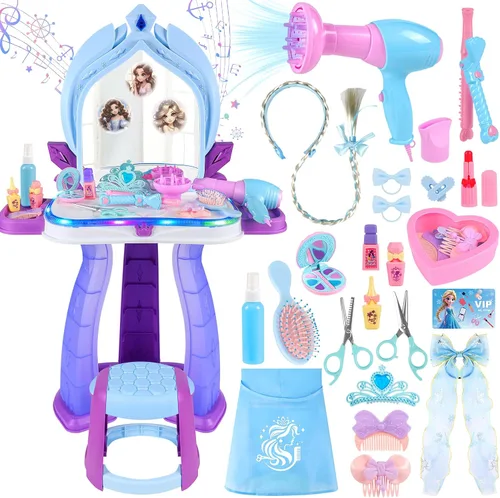 Tocador de Princesa para Niñas Pequeñas de 3-5 Años, Juego de Mesa de Tocador y Silla para Niños con Espejo Mágico, Luz, Música, Juego de Tocador de