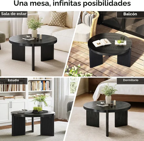 Miniatura 7 de Luoxiao Mesa auxiliar, mesas de centro redondas de 27.5 pulgadas para sala de estar, moderna mesa central acanalada negra, mesa decorativa circular