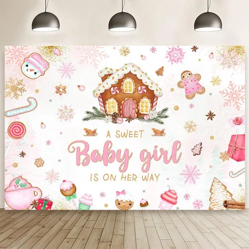 Miniatura 7 de MEHOFOND Fondo de Navidad de 7 x 5 pies para baby shower con texto en inglés "A Sweet Baby Girl is On Her Way", fondo de fotografía de copo de nieve