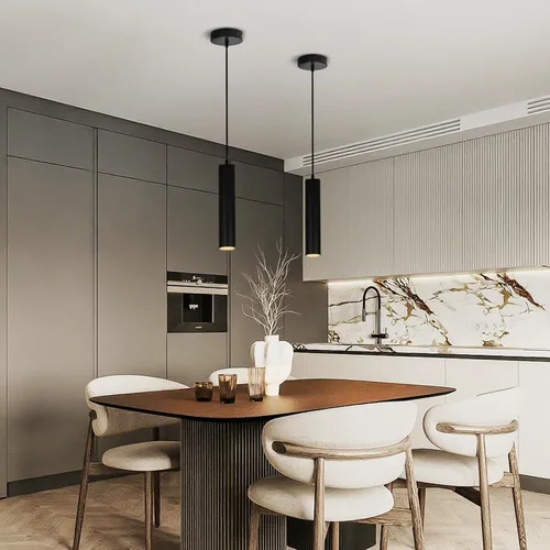 Miniatura 3 de Paquete de 2 luces colgantes modernas negras, lámpara colgante minimalista LED para isla de cocina, cable de luz colgante de tubo largo ajustable
