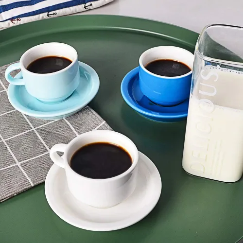 Miniatura 5 de Sweejar Juego de tazas y platillos de porcelana para expreso, tazas demitasse apilables con soporte de metal, 2.5 onzas para café con leche, café