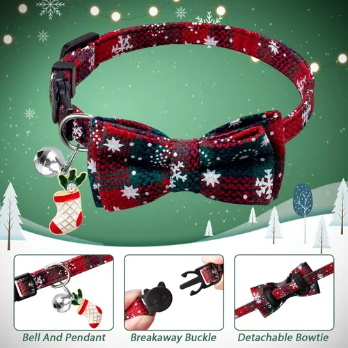Miniatura 3 de LLHK Paquete de 4 collares de Navidad para gatos con pajarita y campana, collar de gatito para niñas y niños, ajustable de 7 a 12 pulgadas