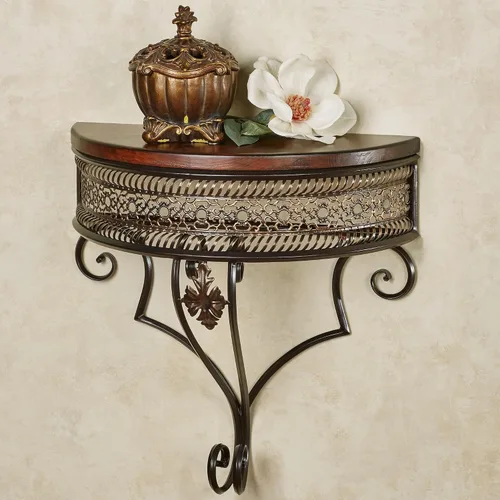 Miniatura 2 de Touch of Class Charleston Estante de pared calado ornamentado bronce Marco de metal Parte superior de madera con acabado de cereza Estante