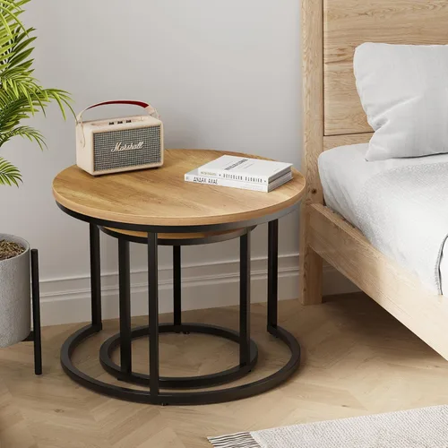 Miniatura 6 de Smuxee - Juego de 2 mesas de café anidadas, mesa redonda de café de 23.6" de madera marrón con pies antideslizantes ajustables, mesa auxiliar