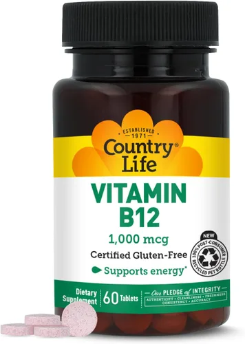 Country Life Suplemento de vitamina B12, esencial para la función cerebral, la salud nerviosa, los glóbulos rojos, ideal para la prevención de la