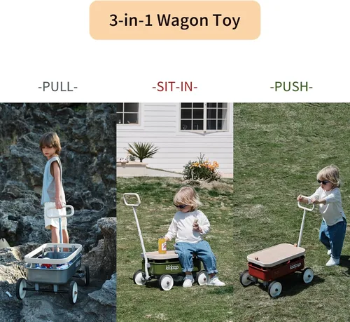 Miniatura 3 de kidpop PULA-Wild Vagón de Arrastre 3 en 1 para Niños, Andador de Empuje para Niños Pequeños de 2.5-8 años, Cubierta de Madera Extraíble y Manillar