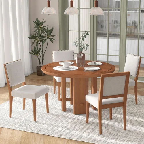Merax Juego de mesa de comedor redonda de 5 piezas para 4, mesa de comedor minimalista de granja con 4 sillas tapizadas, juegos de cocina y comedor,