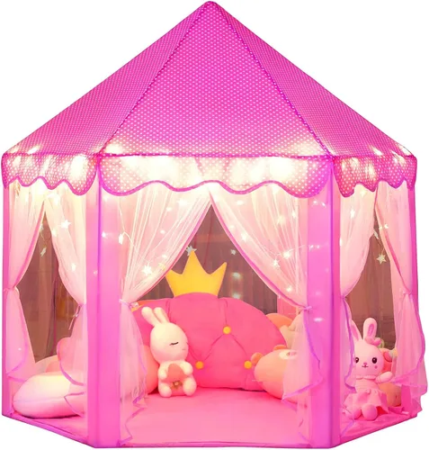 wilwolfer Tienda de campaña tipo castillo de princesa para niñas, tienda de campaña hexagonal grande para jugar, casa de juegos con luces de Tienda