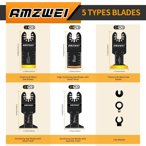 Miniatura 2 de AMZWEI 22 cuchillas oscilantes para herramientas, 5 tipos de titanio y HCS hojas de sierra oscilantes para metal, madera, plástico, cuchillas