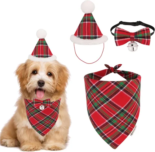 Miniatura 7 de ADOGGYGO Juego de bandana de Navidad para perro, sombrero y pajarita, clásica a cuadros rojos, bufanda de Navidad para mascotas, disfraz de Navidad
