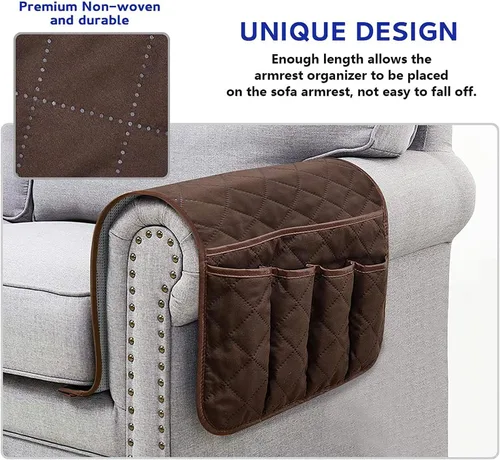 Miniatura 3 de Organizador de reposabrazos para sofá antideslizante, organizador de almacenamiento para sillón y junto a la cama para sofá reclinable con 5 Marrón