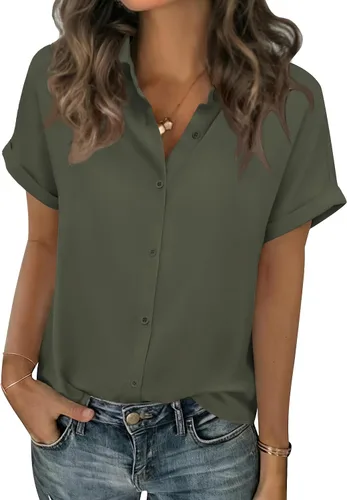 Zeagoo Blusas de verano de manga corta para mujer, camisas casuales con botones, blusas de trabajo de negocios sólidas/a rayas