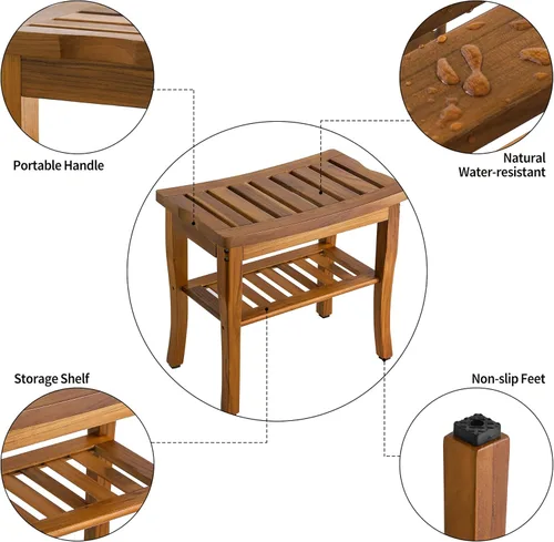 Miniatura 5 de VaeFae Banco de ducha de teca, taburete de ducha de baño de spa con estante de almacenamiento, taburete de asiento de madera para baño