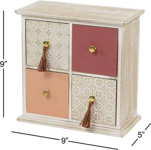 Miniatura 5 de Deco 79 Joyero floral de madera de 4 cajones con pomos de borlas, 9 x 4 x 9 pulgadas, marrón